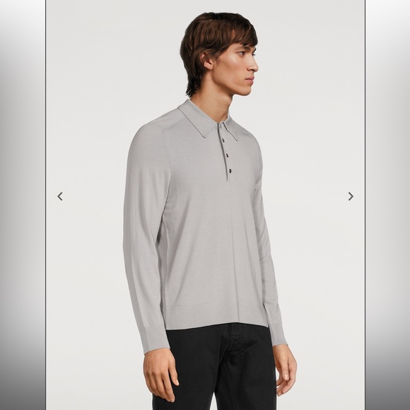 THEORY Light Grey Regal Wool Long-Sleeve Polo Shirt Size L - Picture 3 of 5